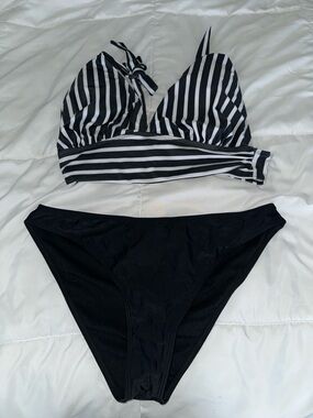 Striped Black & White Bikini Set - Classic Two-Piece Swimwear